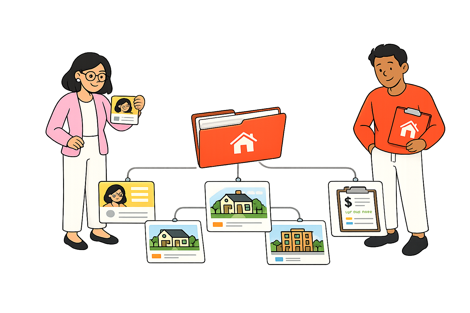Mira and Arun reviewing a central household folder that connects member cards, property cards, and money records